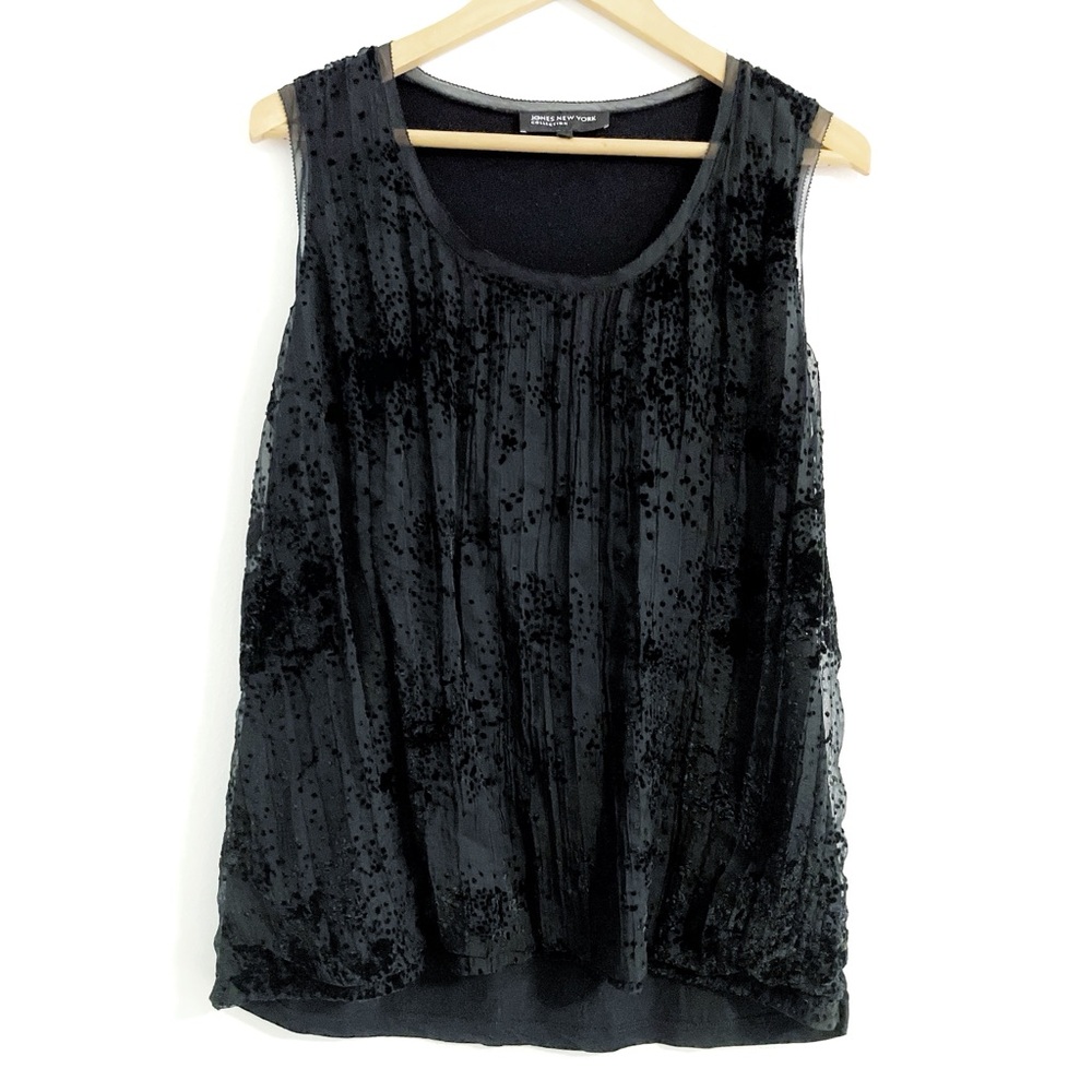 jones new york • sheer overlay textured sleeveless top black • L